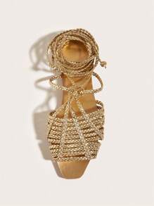 Women's Gold Braided Strap Flat Sandals With Random Texture, Women's Gold Flat Sandals,Spring Summer Outfits - Gold - View 3