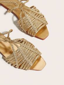 Women's Gold Braided Strap Flat Sandals With Random Texture, Women's Gold Flat Sandals,Spring Summer Outfits - Gold - View 4