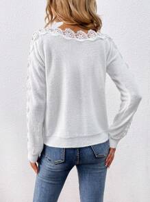 SHEIN Frenchy Contrast Guipure Lace Raglan Sleeve Sweater - White - View 2