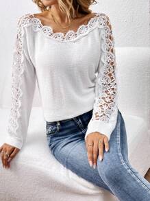 SHEIN Frenchy Contrast Guipure Lace Raglan Sleeve Sweater - White - View 4
