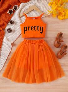 Young Girl Mesh & Floral Print Two Pieces Set With Camisole & Top For Spring And Summer - Orange - View 1