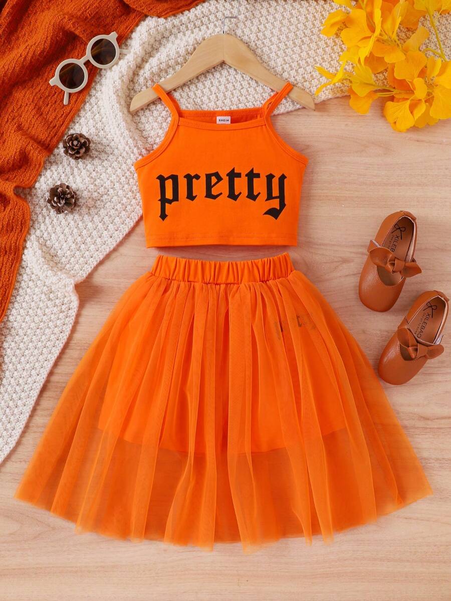 Young Girl Mesh & Floral Print Two Pieces Set With Camisole & Top For Spring And Summer - Orange - View 1