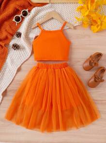 Young Girl Mesh & Floral Print Two Pieces Set With Camisole & Top For Spring And Summer - Orange - View 2
