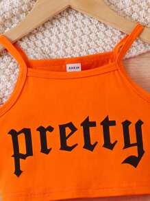 Young Girl Mesh & Floral Print Two Pieces Set With Camisole & Top For Spring And Summer - Orange - View 4