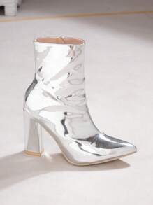 2023新品到貨時尚銀發亮的尖頭粗跟女性靴子 - 銀色 - 查看 3