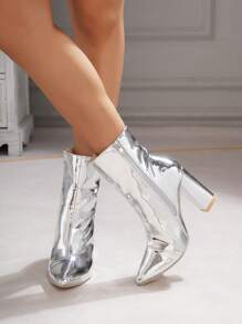 2023新品到貨時尚銀發亮的尖頭粗跟女性靴子 - 銀色 - 查看 4