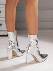 2023新品到貨時尚銀發亮的尖頭粗跟女性靴子 - 銀色 - 查看 5