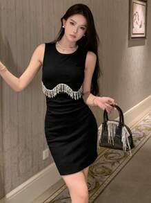 DAZY 水鑽流蘇邊連衣裙 - 黑色 - 查看 1