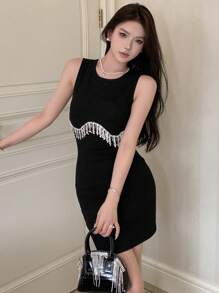 DAZY 水鑽流蘇邊連衣裙 - 黑色 - 查看 3