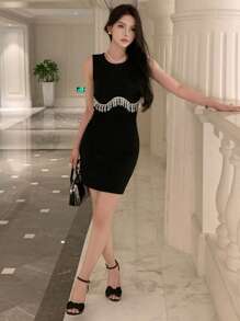 DAZY 水鑽流蘇邊連衣裙 - 黑色 - 查看 4