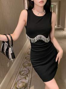 DAZY 水鑽流蘇邊連衣裙 - 黑色 - 查看 8