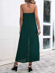 SHEIN Clasi 素色後背繫帶繞頸連體褲 - 墨綠色 - 查看 2