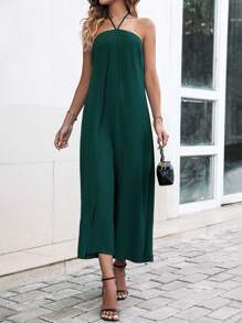 SHEIN Clasi 素色後背繫帶繞頸連體褲 - 墨綠色 - 查看 3