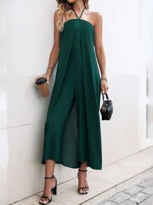 SHEIN Clasi 素色後背繫帶繞頸連體褲 - 墨綠色 - 查看 4