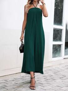 SHEIN Clasi 素色後背繫帶繞頸連體褲 - 墨綠色 - 查看 6