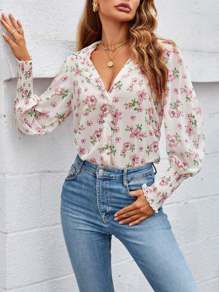 SHEIN Clasi 印花前紐扣襯衫 - 白色 - 查看 1