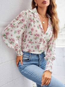 SHEIN Clasi 印花前紐扣襯衫 - 白色 - 查看 5