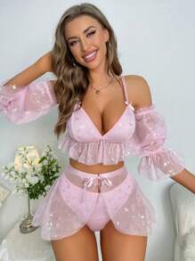 Pure Desire Bow Front Mesh Lingerie Set - Pink - View 3