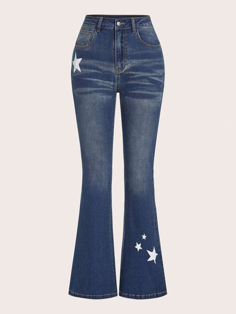SHEIN EZwear 星星印花牛仔喇叭褲 - 深色水洗藍 - 查看 1