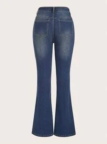 SHEIN EZwear 星星印花牛仔喇叭褲 - 深色水洗藍 - 查看 2