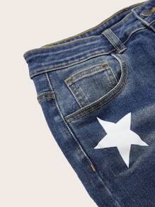 SHEIN EZwear 星星印花牛仔喇叭褲 - 深色水洗藍 - 查看 4