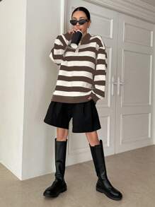 DAZY 條紋印花 Polo 領落肩套頭衫 - 咖啡棕 - 查看 3