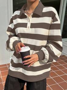 DAZY 條紋印花 Polo 領落肩套頭衫 - 咖啡棕 - 查看 4