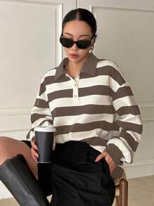DAZY 條紋印花 Polo 領落肩套頭衫 - 咖啡棕 - 查看 5