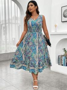 SHEIN LUNE Plus Paisley Print Ruffle Hem Dress Maxi Women Outfit - Multicolor - View 1