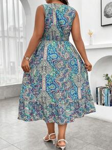 SHEIN LUNE Plus Paisley Print Ruffle Hem Dress Maxi Women Outfit - Multicolor - View 2