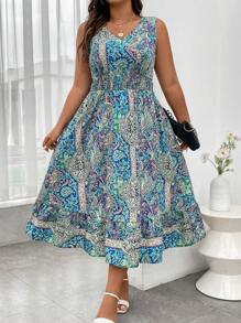 SHEIN LUNE Plus Paisley Print Ruffle Hem Dress Maxi Women Outfit - Multicolor - View 3