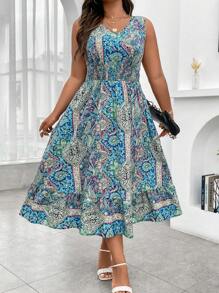 SHEIN LUNE Plus Paisley Print Ruffle Hem Dress Maxi Women Outfit - Multicolor - View 5