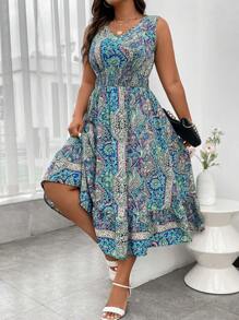 SHEIN LUNE Plus Paisley Print Ruffle Hem Dress Maxi Women Outfit - Multicolor - View 6