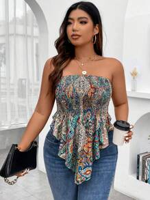 Celure 大碼佩斯利印花不對稱下擺抹胸上衣 - 彩色 - 查看 1