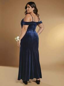 SHEIN Belle Hơn Vai lạnh Nàng tiên cá Hem Nhung Đầm - Màu xanh hải quân - Xem 2