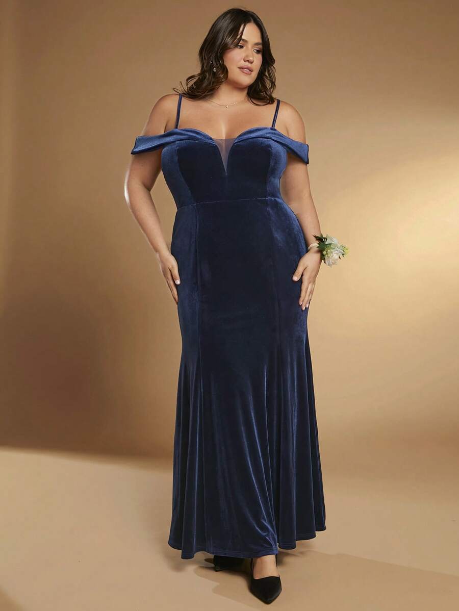 SHEIN Belle Hơn Vai lạnh Nàng tiên cá Hem Nhung Đầm - Màu xanh hải quân - Xem 1