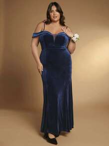 SHEIN Belle Hơn Vai lạnh Nàng tiên cá Hem Nhung Đầm - Màu xanh hải quân - Xem 4