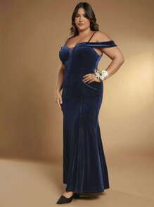 SHEIN Belle Hơn Vai lạnh Nàng tiên cá Hem Nhung Đầm - Màu xanh hải quân - Xem 5