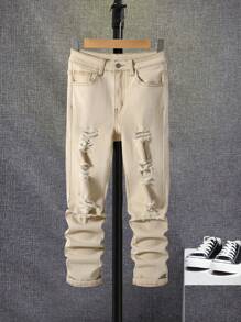 SHEIN Tween Boy Ripped Frayed Bleach Wash Jeans - Khaki - View 1