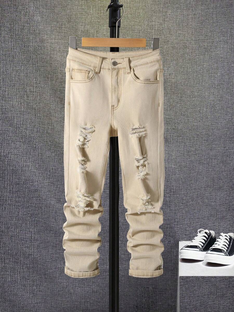 SHEIN Tween Boy Ripped Frayed Bleach Wash Jeans - Khaki - View 1