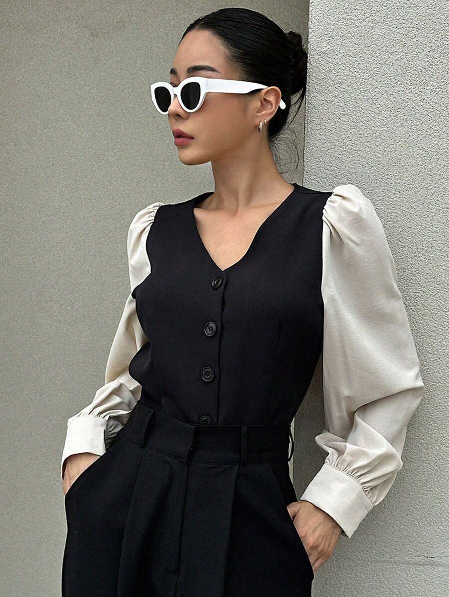 DAZY Áo cánh tay dài cài nút phía trước hai tông màu cho nữ - màu đen - Xem 1