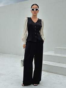 DAZY Áo cánh tay dài cài nút phía trước hai tông màu cho nữ - màu đen - Xem 6