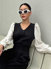 DAZY Áo cánh tay dài cài nút phía trước hai tông màu cho nữ - màu đen - Xem 8