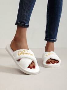 Fall/Winter Embroidery Cross Strap House Slippers For Women, Fashionable Silent Floor Indoor Furry Slippers