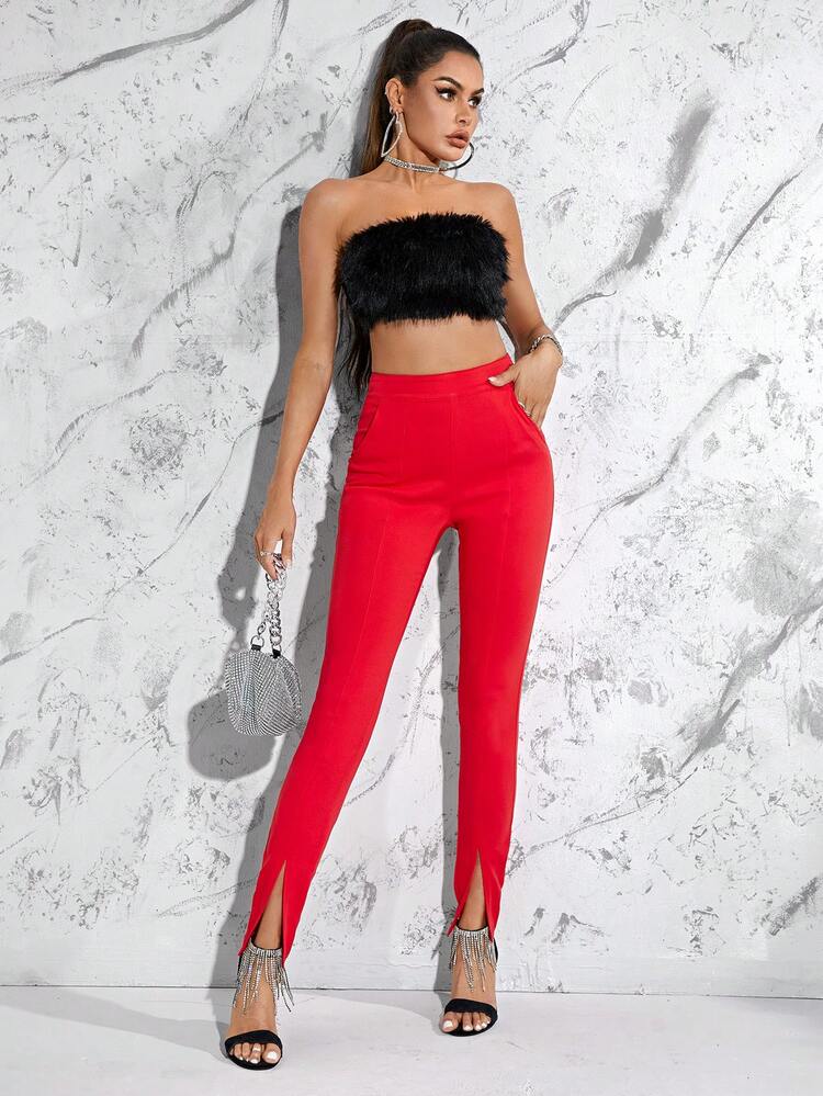 Women Solid Color High Waist Pockets Slim Fit Casual Pants