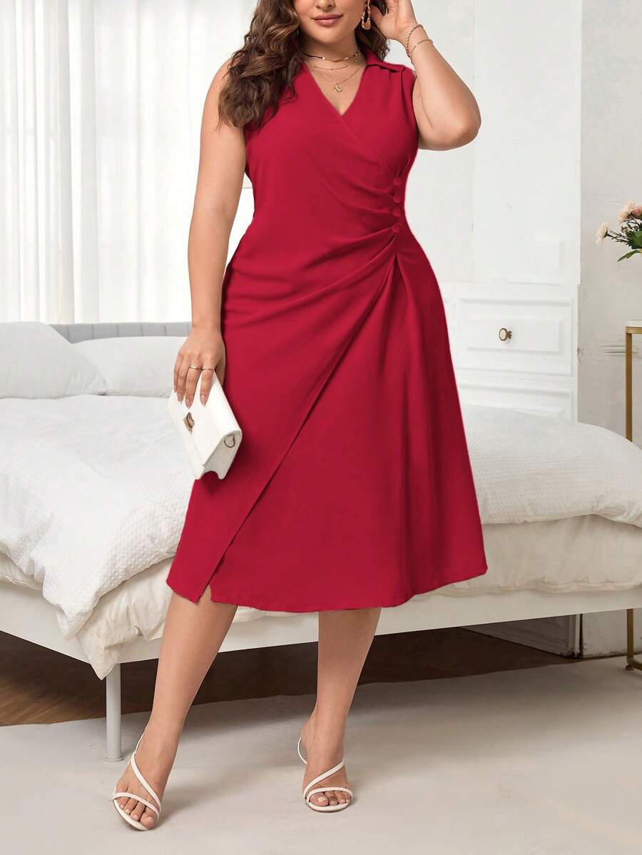 SHEIN Privé 大碼休閒褶邊 交叉純色連衣裙 - 紅色 - 查看 1