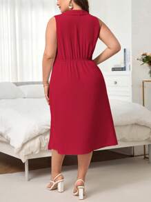 SHEIN Privé 大碼休閒褶邊 交叉純色連衣裙 - 紅色 - 查看 2