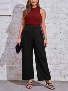 SHEIN Essnce Plus Solid Wide Leg Pants - Black - View 1