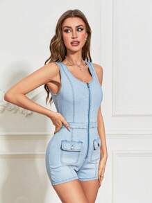 SHEIN Privé Zip Up Flap Pocket Denim Romper - Light Wash - View 3