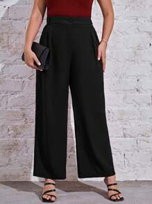SHEIN Essnce Plus Solid Wide Leg Pants - Black - View 3